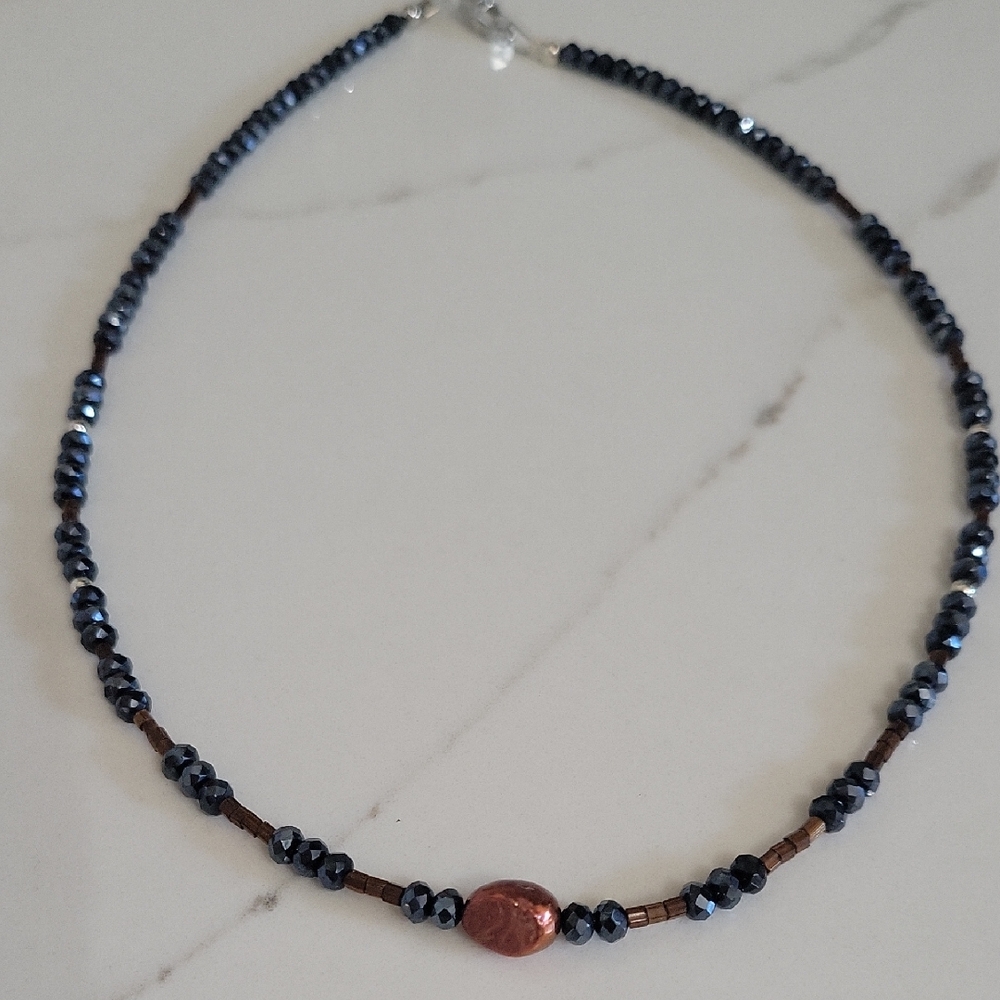 Elegant Black and Brown Beaded Necklace With Brown Freshwater Pearl.